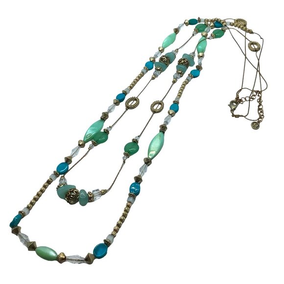 C1946 Necklace Double Strand Layered Beaded Gold Tone Blue Casual Work Wear Boho - Picture 3 of 3